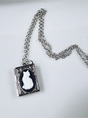 Cameo Kitty Cat Locket Book Necklace with White Cat Cameo